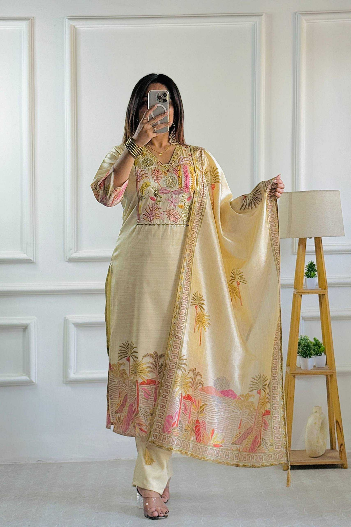 Ivory Bloom Pure Assam Silk Embroidered Suit Set