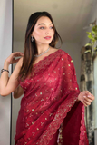 Maroon Soft Geemichu Silk Saree with Designer Embroidered Cutwork Border
