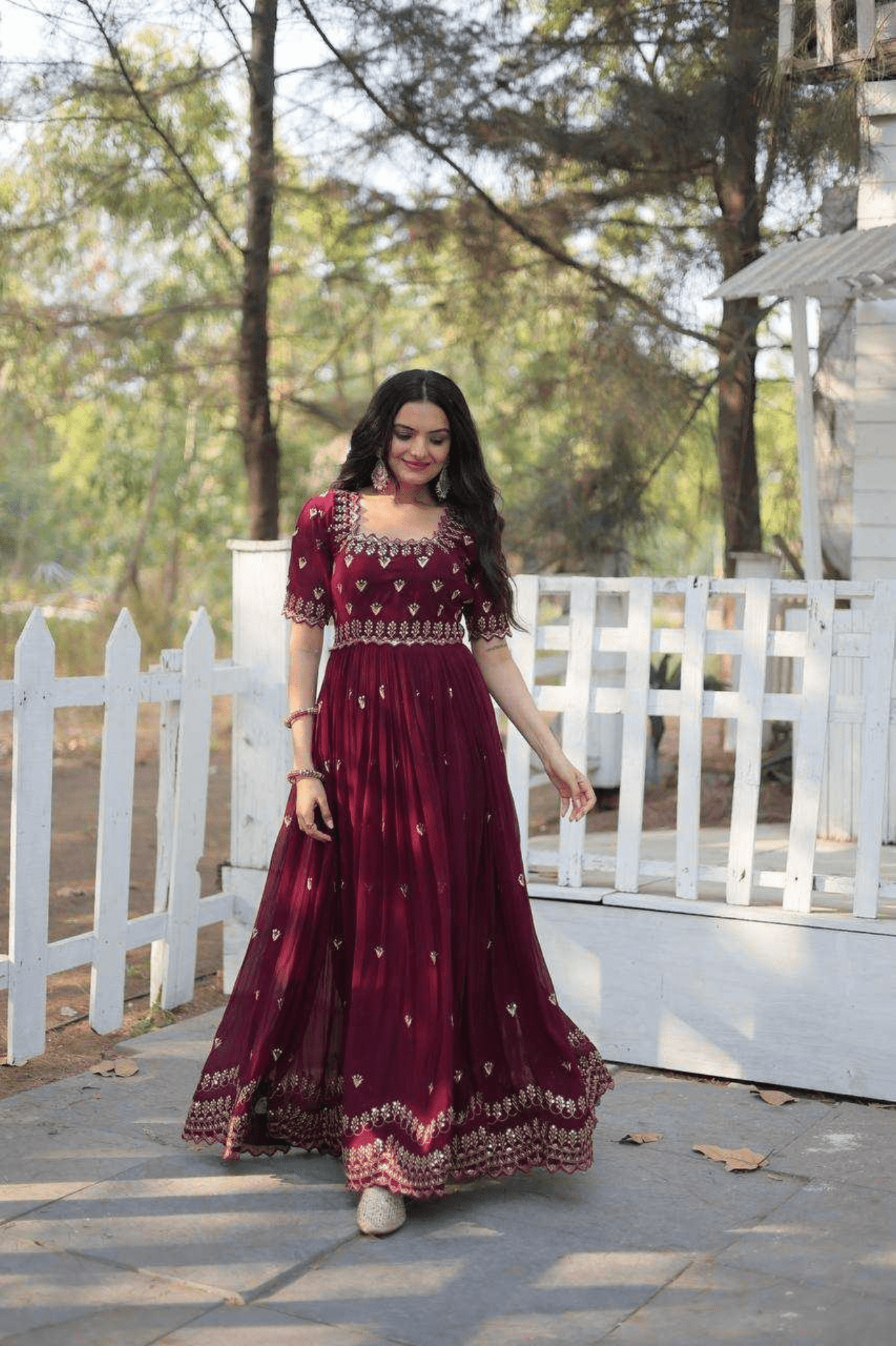 Wine Georgette Blooming Anarkali Gown with Zari & Sequins - kavyo.in