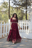 Wine Georgette Blooming Anarkali Gown with Zari & Sequins - kavyo.in