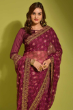 Wine Georgette Chiffon Saree with Floral Foil Print and Embroidered Lace Border