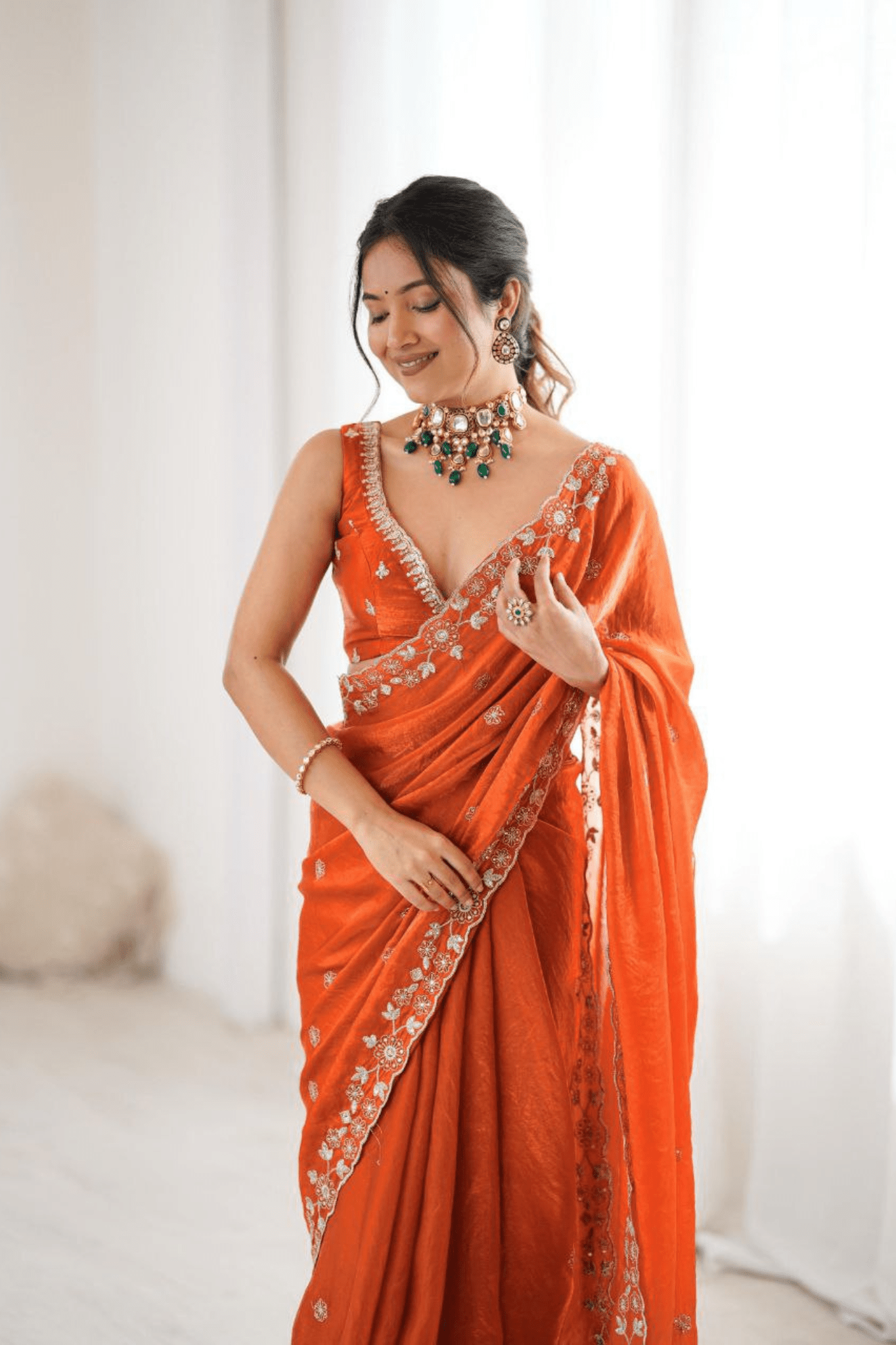 Rust Orange Heavy Fendy Silk Designer Saree with Thread & Sequin Embroidery - kavyo.in