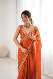 Rust Orange Heavy Fendy Silk Designer Saree with Thread & Sequin Embroidery - kavyo.in