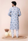 Sky Blue Floral Mono Cotton-Poly Kurta Pajama Set for Men