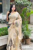 Soft Gold Banarasi Tissue Saree with Peacock Print & Intricate Zari Work