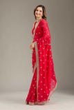 Red Soft Fancy Chiffon Saree with Zari Pallu & Hand Stone Work