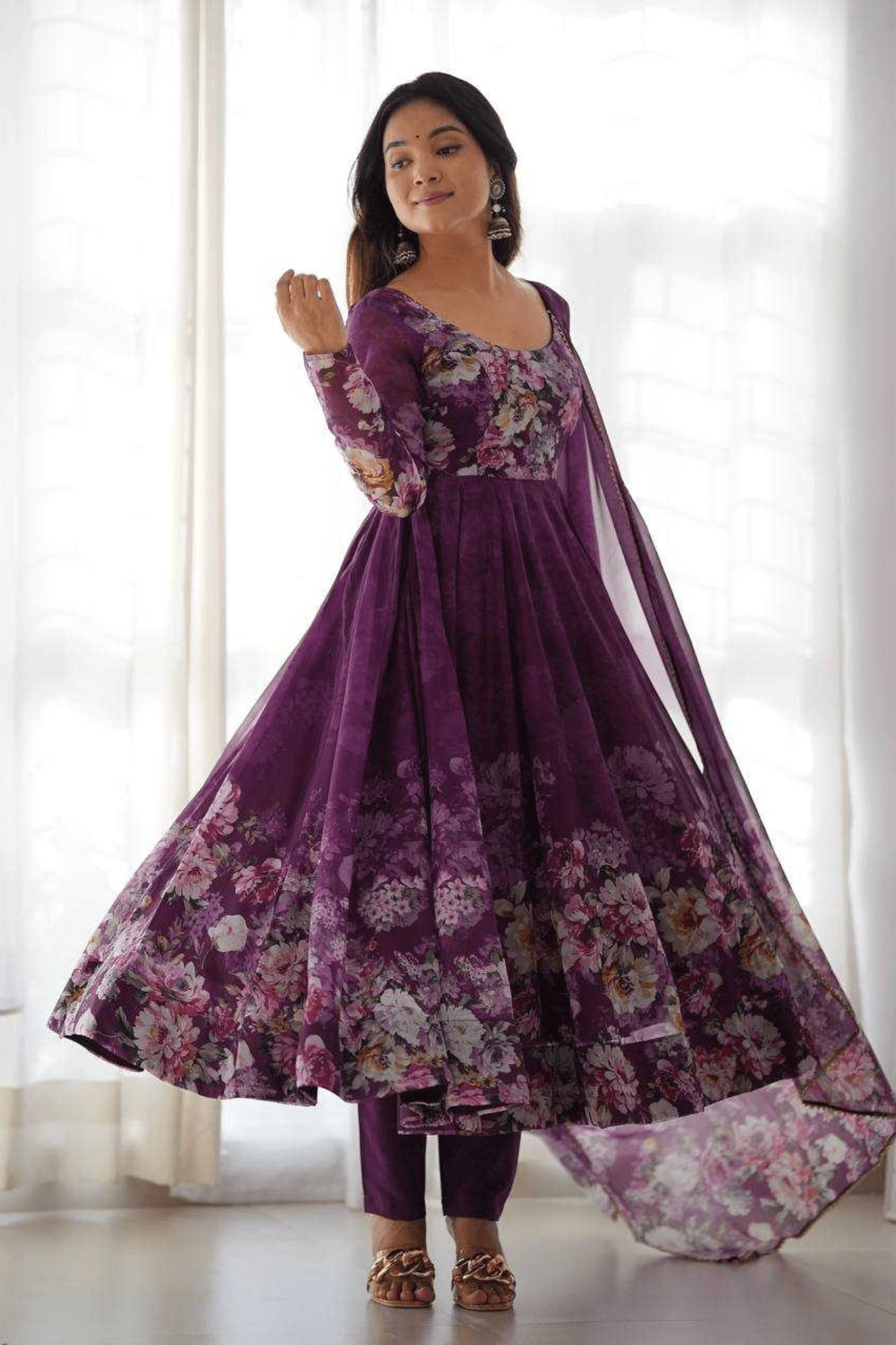 Royal Wine Floral Printed Organza Silk Anarkali Suit Set - kavyo.in