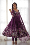 Royal Wine Floral Printed Organza Silk Anarkali Suit Set - kavyo.in