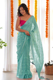 Aqua Blue Satin Georgette Saree with Multi-Thread Sequence Embroidery & Pink Blouse