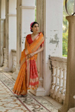 Orange Soft Desi Raw Silk Saree with Pochampally Ikkat Concept & Zari Weaving Border