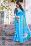 Sky Blue Pure Linen Saree with Silver Border & Tassels