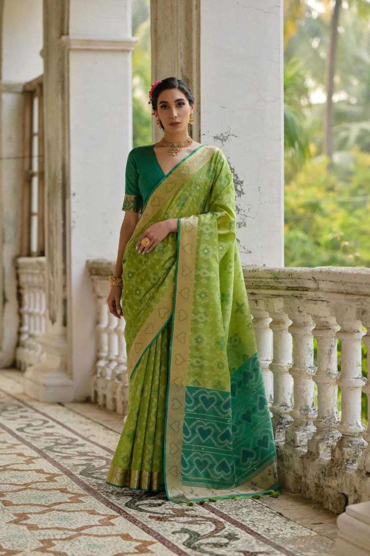 Green Soft Desi Raw Silk Saree with Pochampally Ikkat Concept & Zari Weaving Border