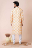 Yellow Print Mono Cotton-Poly Kurta Pajama Set for Men