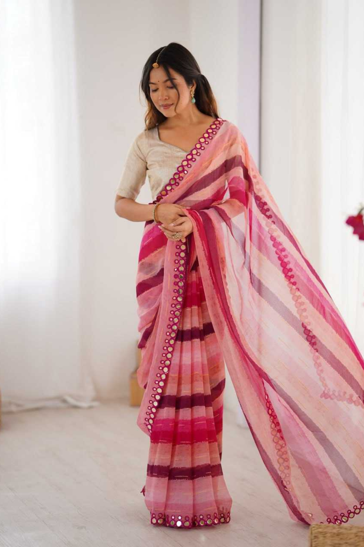 Pink Heavy Smooth Marble Chiffon Leriya Print Saree with Zari Work & Mirror Border