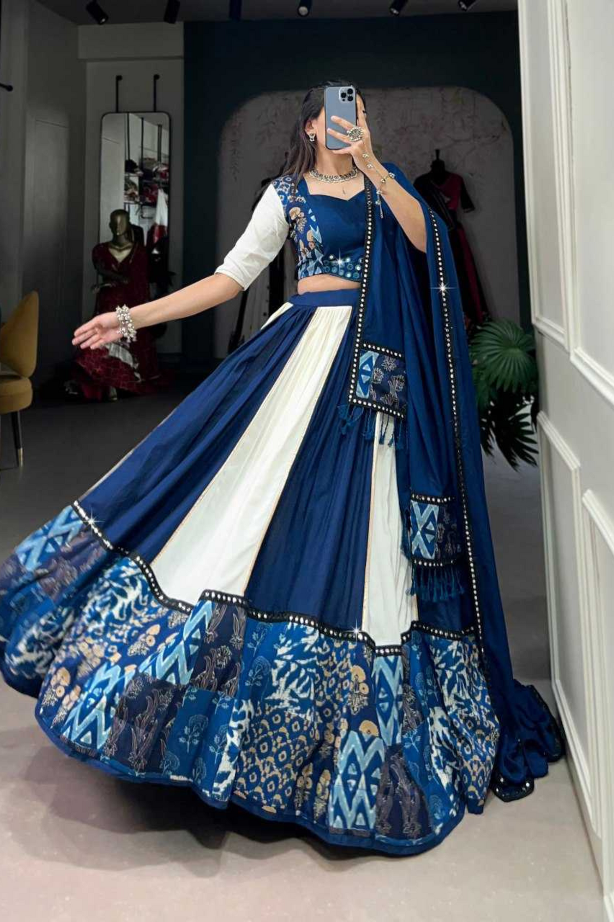 Royal Blue & White Rayon Mirror Work Lehenga Set