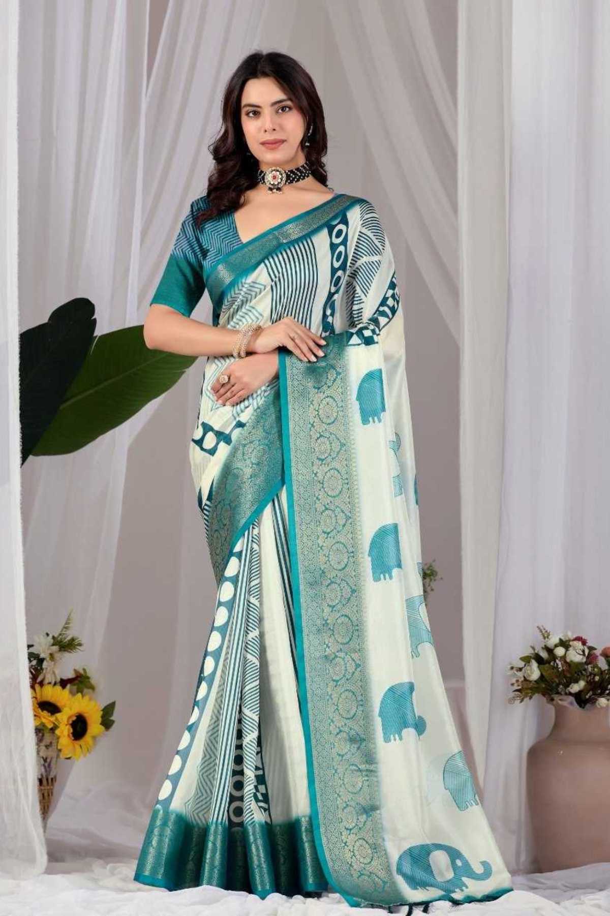 Soft Lichi Silk Printed Saree with Geometric Elephant Design & Zari Woven Border