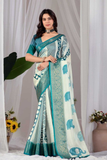 Soft Lichi Silk Printed Saree with Geometric Elephant Design & Zari Woven Border
