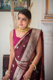 Wine Soft Lichi Silk Saree with Rich Zari Pallu & All-Over Jacquard Weave