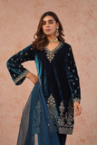 Midnight Teal Velvet Embroidered Suit Set