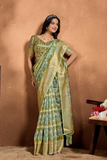 Soft Silk Blend Saree with Geometric Woven Pallu & Golden Zari Border