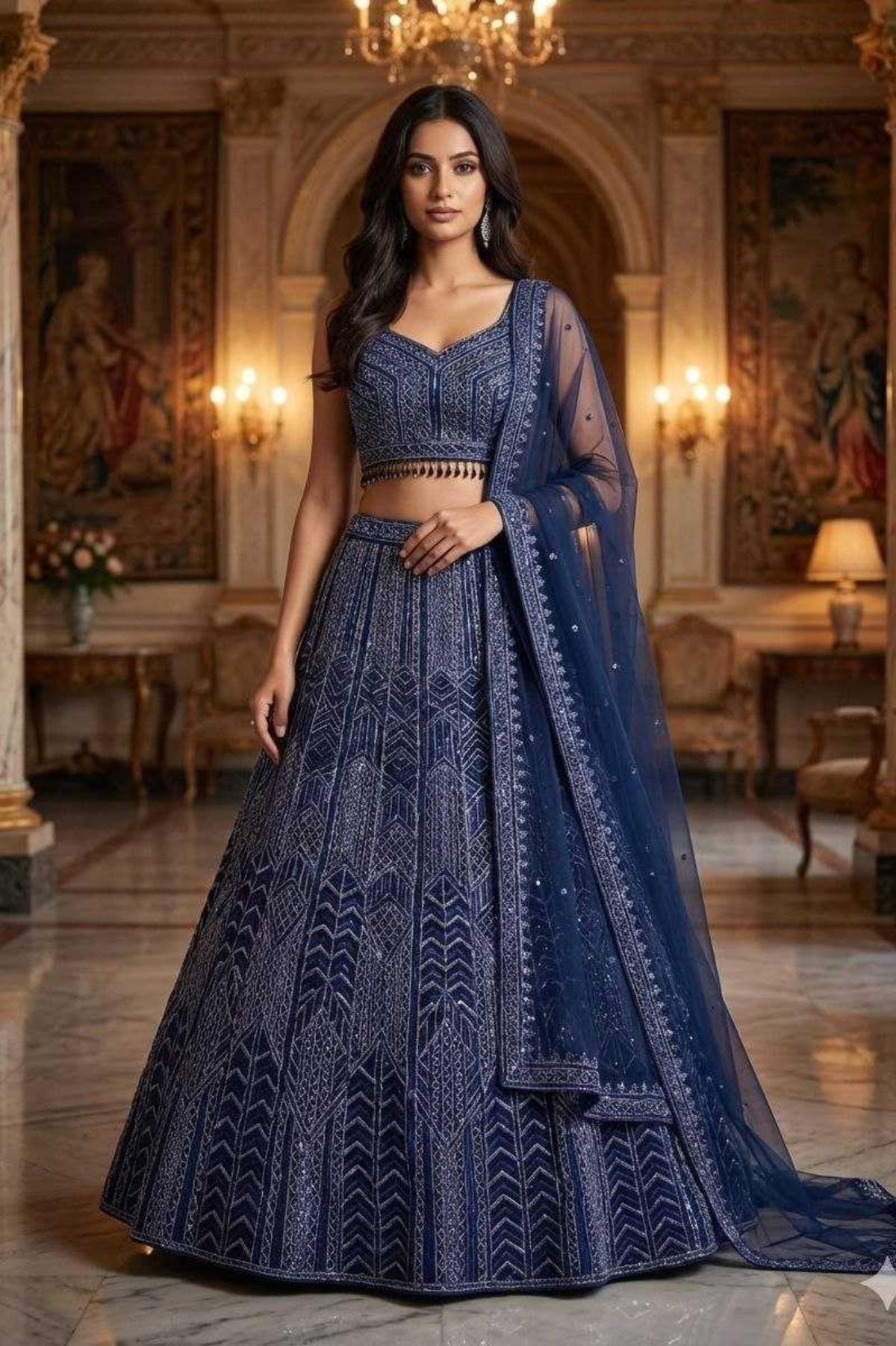Midnight Blue Premium Georgette Embroidered Lehenga Choli Set with Net Dupatta