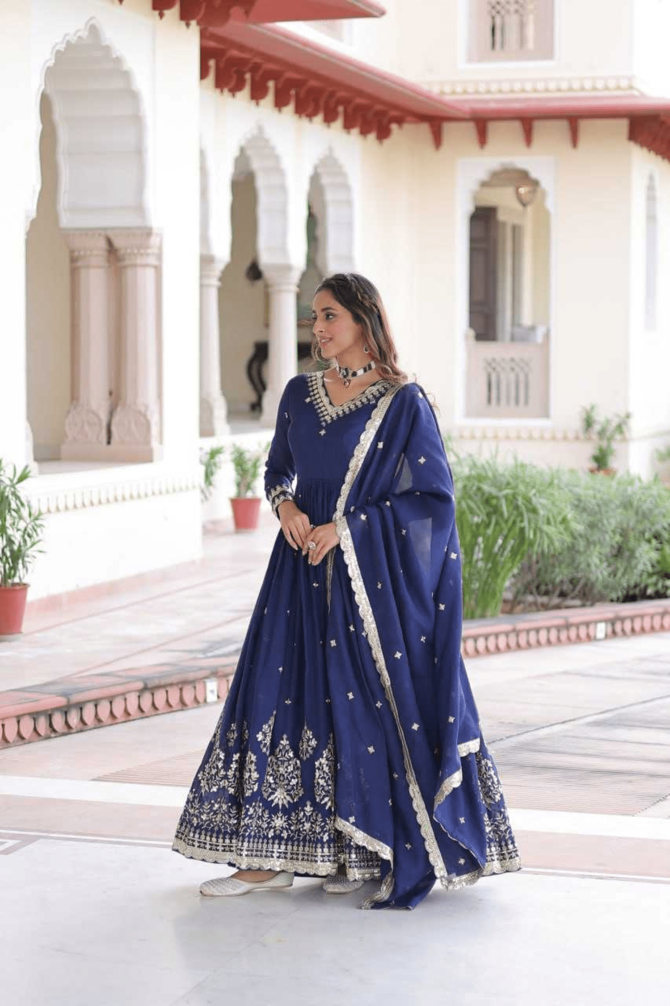 Teal Blue Royal Vichitra Silk Anarkali Gown Set - kavyo.in