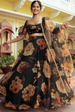 Black Floral Printed Net Lehenga Set with Dupatta