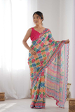 Vibrant Kutchi Print Heavy Chinnon Saree with Mirror Lace Border