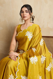 Mustard Yellow Rangoli Silk Saree with Embroidery & Cutwork Border