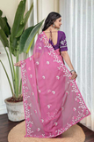 Pink Georgette Embroidered Saree With Contrast Blouse