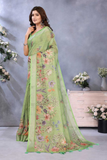 Vibrant Lime Green Linen Shimmer Floral Printed Saree
