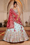 White Tissue Embroidered Lehenga Choli with Red Dupatta