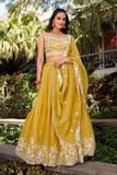 Embellished Mustard Chinon Semi-Stitched Lehenga Choli with Zari & Sequin Work