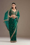 Green Frandy Satin Silk Saree with Sequins & Jari Dori Embroidery