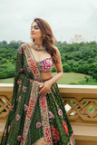Green Muslin Cotton Mirror Work Navratri Lehenga Choli
