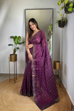 Wine Soft Geemichu Silk Saree with Designer Embroidered Cutwork Border