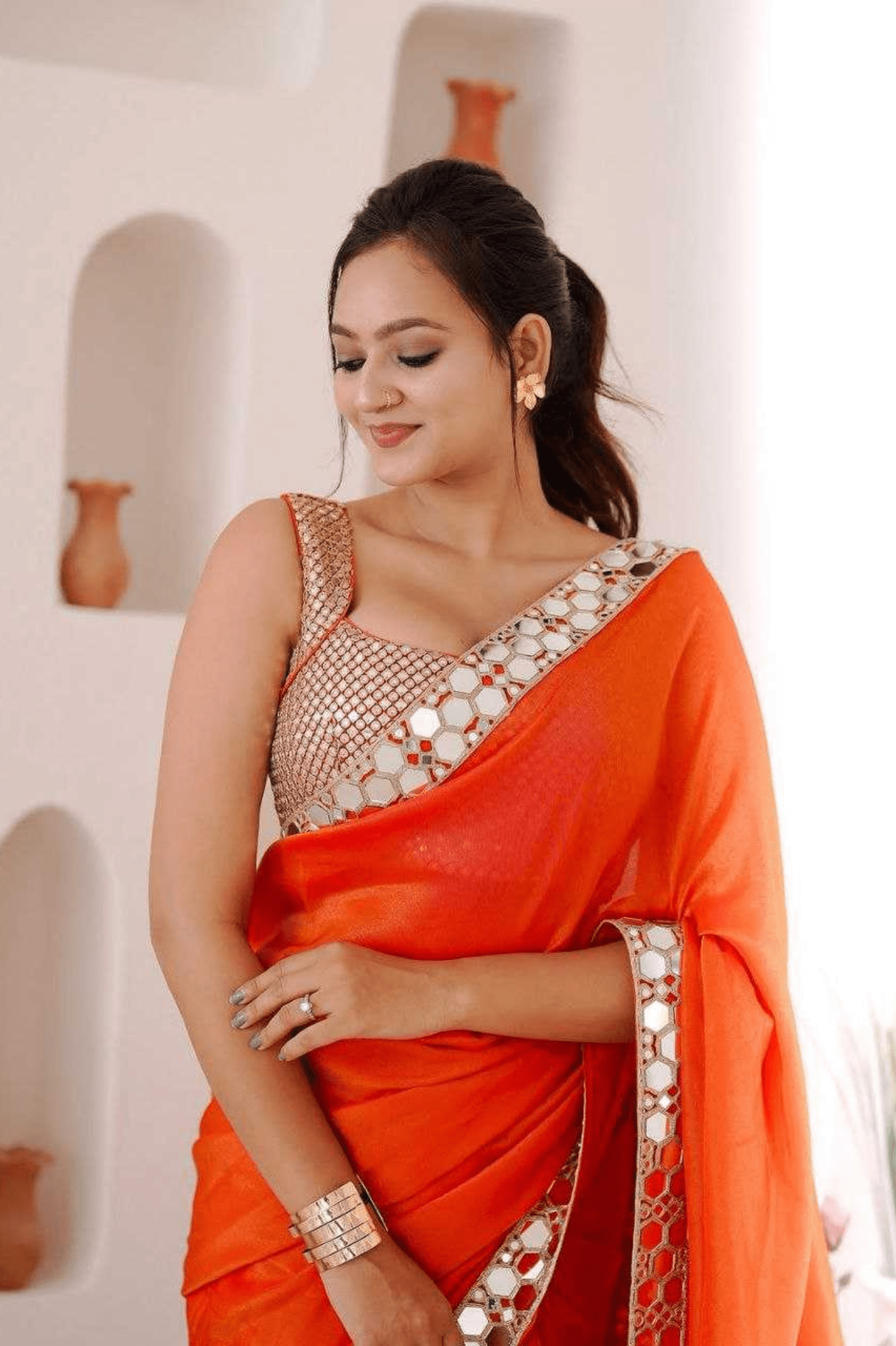 Amber Glow Premium Rangoli Silk Mirror Work Saree - kavyo.in