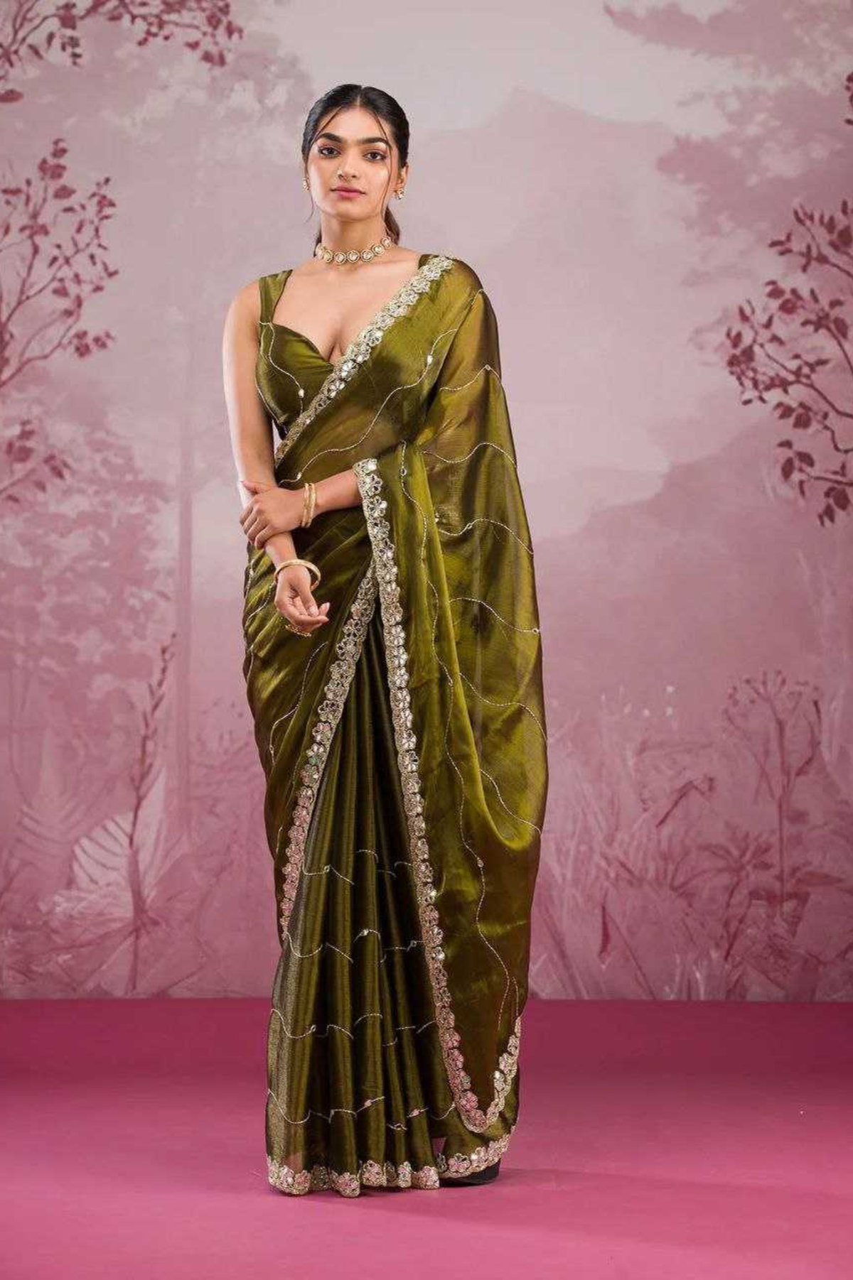 Premium Olive Green Silk Saree with Real Mirror & Glitter Dori Work