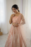 Emerald Peach Net Sequins Lehenga with Blouse & Dupatta