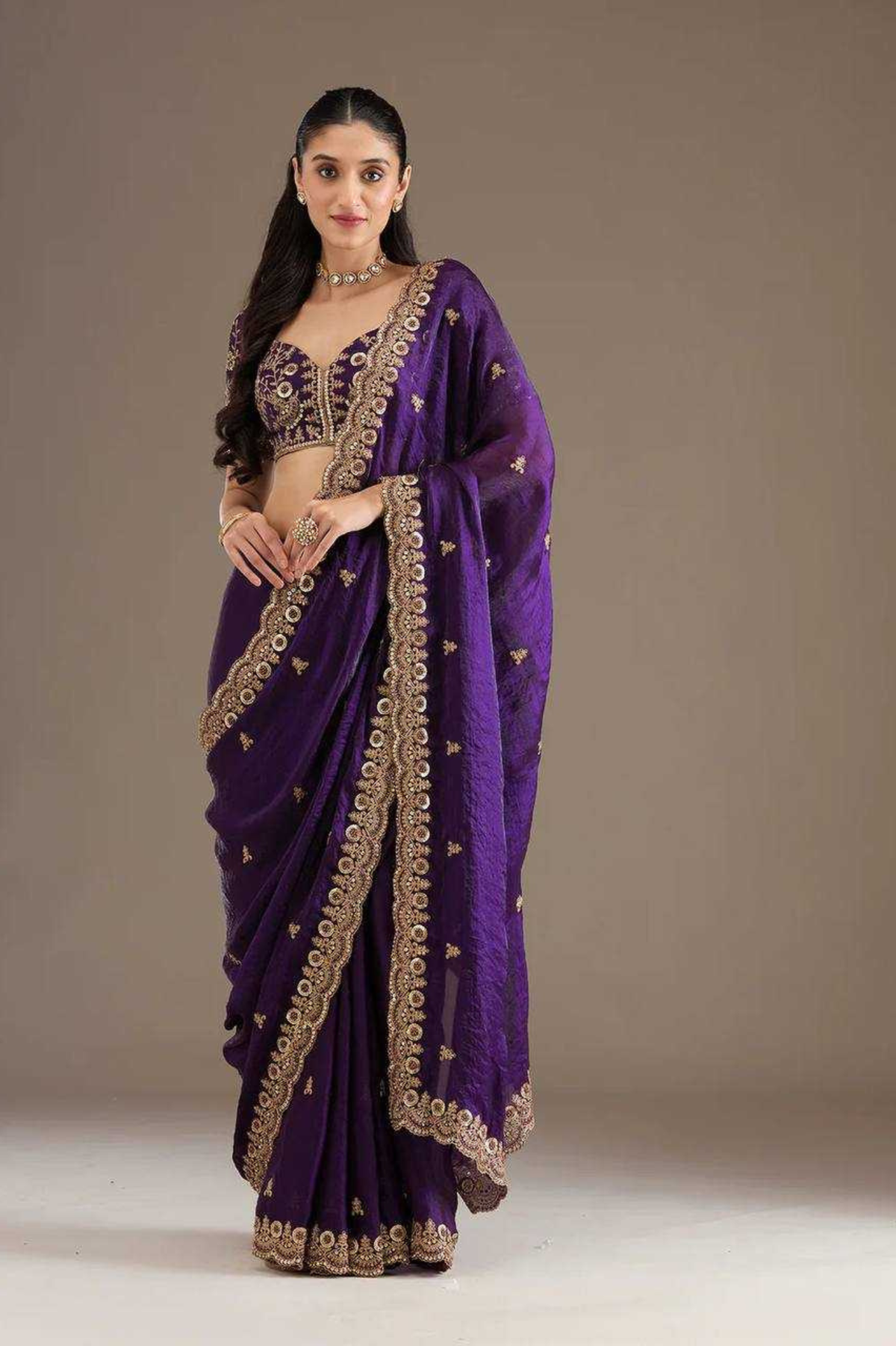 Purple Frandy Satin Silk Saree with Sequins & Jari Dori Embroidery
