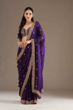 Purple Frandy Satin Silk Saree with Sequins & Jari Dori Embroidery