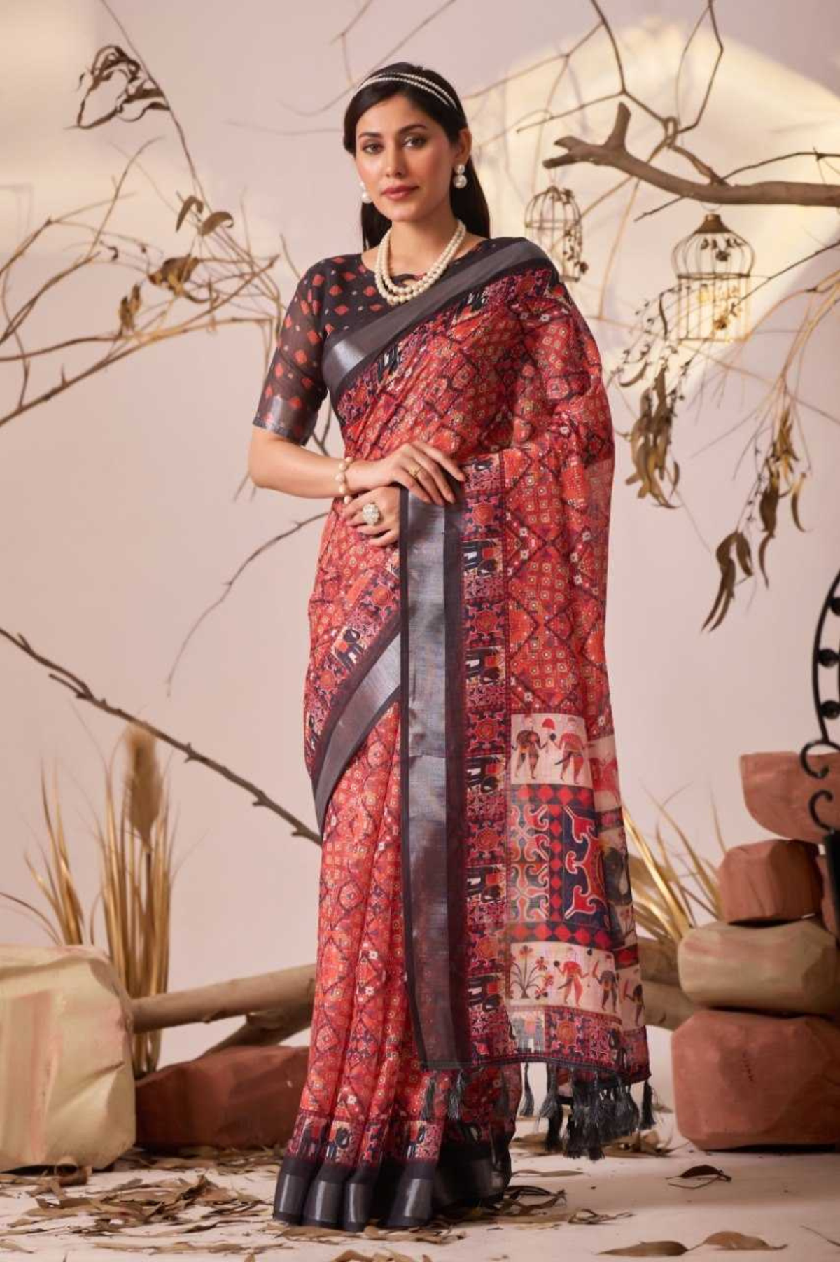 Red Patola Premium Linen Cotton Ethnic Print Saree