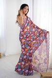 Maroon Floral Chinnon Saree with Kutchi Mirror Lace Border