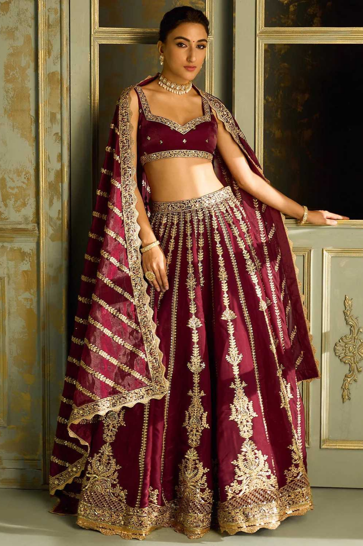 Regal Maroon Kasturi Silk Bridal Lehenga with Zari & Sequins Work