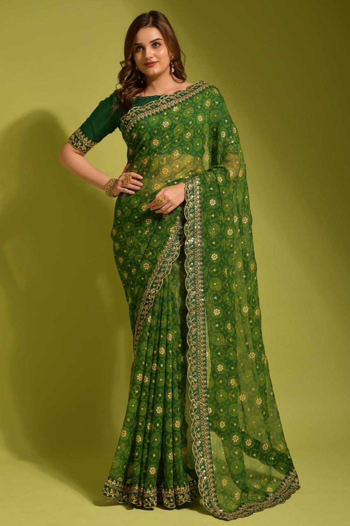 Green Georgette Chiffon Saree with Floral Foil Print and Embroidered Lace Border
