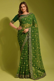 Green Georgette Chiffon Saree with Floral Foil Print and Embroidered Lace Border