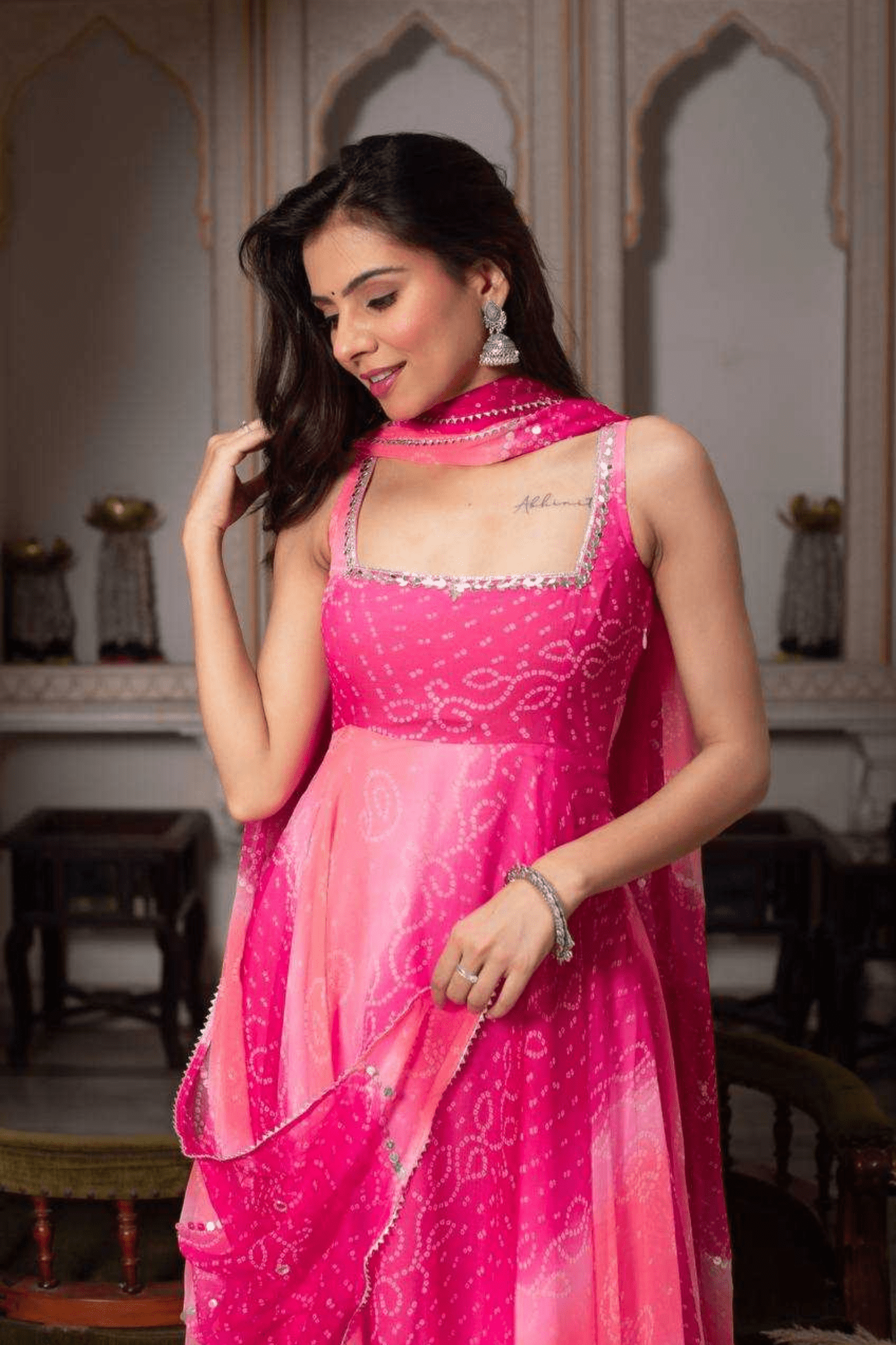 Rani Pink Mirror - Work Faux Georgette Anarkali Set - kavyo.in