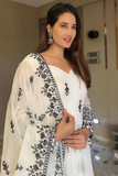 White & Black Printed Anarkali Suit Set with Dupatta