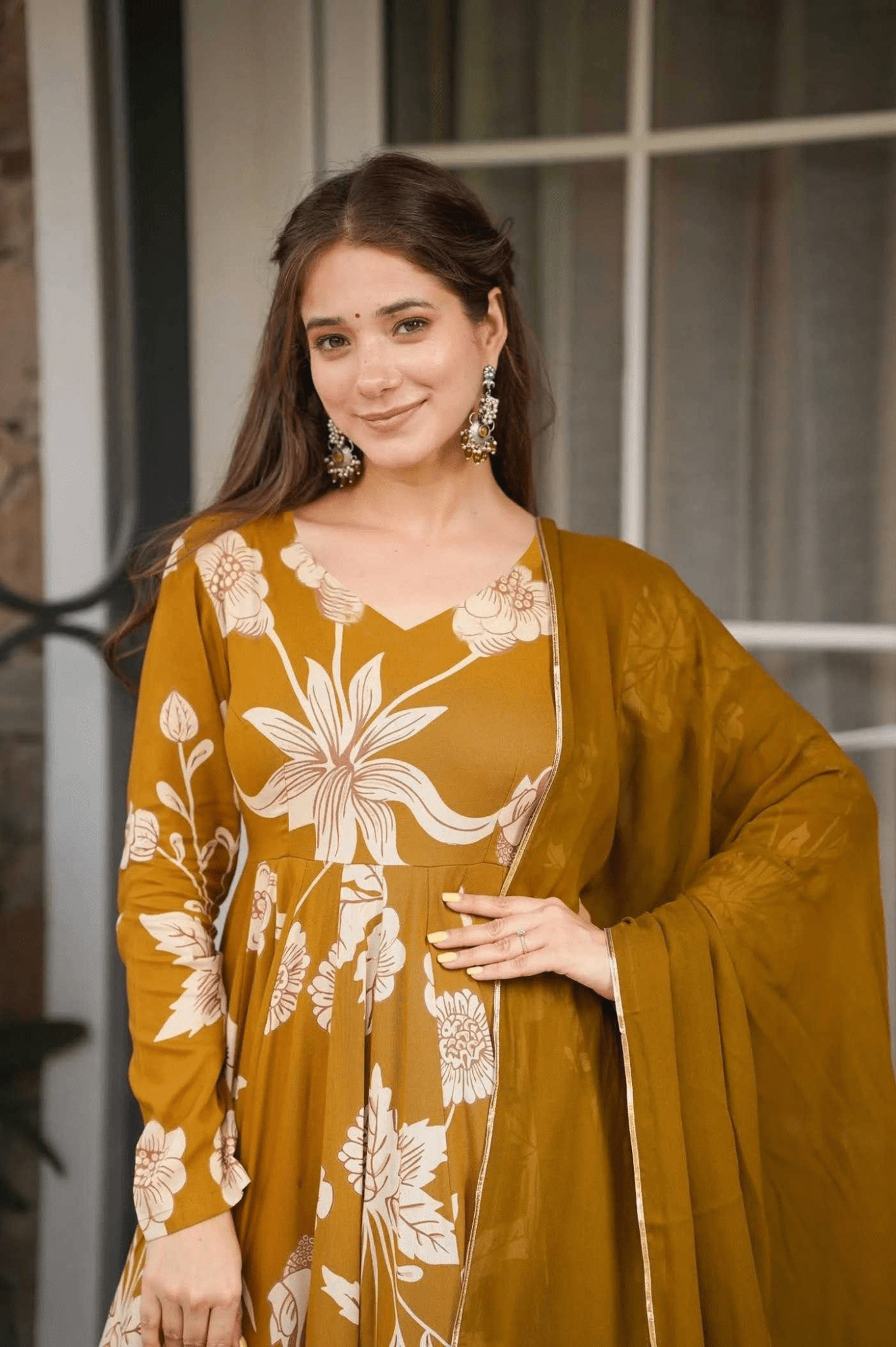 Vaani Mustard Bloom Rayon Anarkali Suit Set - kavyo.in