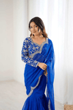 Azure Bloom Faux Georgette Ruffle Saree with Embroidered Blouse - kavyo.in
